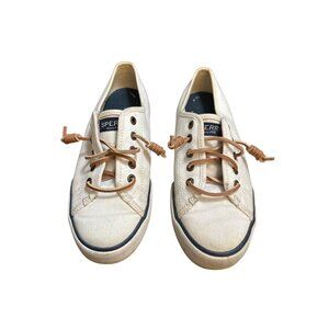 Sperry Womens White Canvas Sneakers Tan Leather Laces Slip-On Shoes Size 6 coast